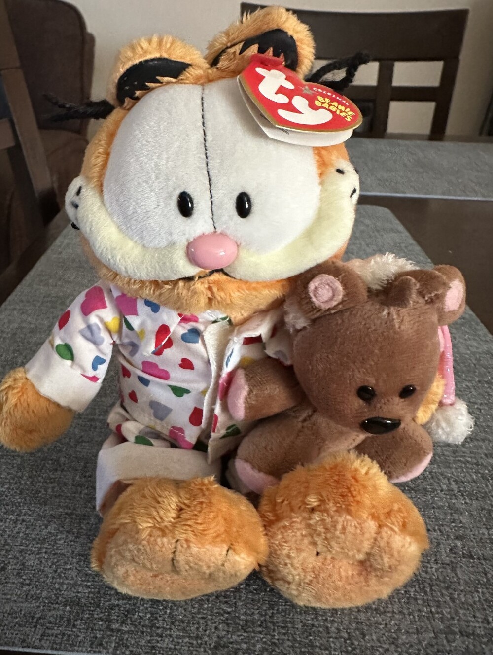 Ty Orange Plush Cat in Heart-Print Hoodie with Brown Teddy